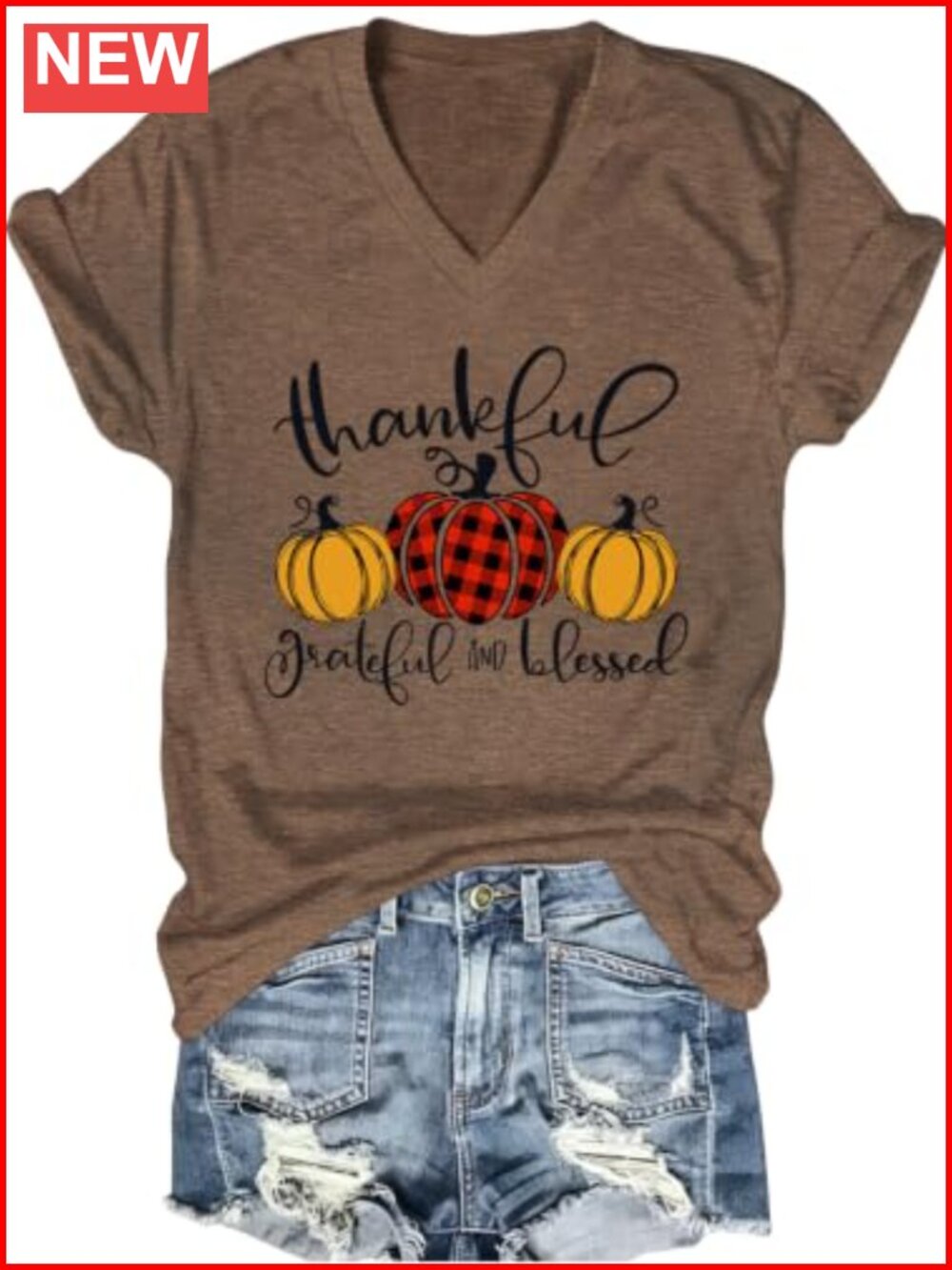 Thanksgiving Pumpkin V-Neck Short Sleeve T-Shirt Women Fall Tee